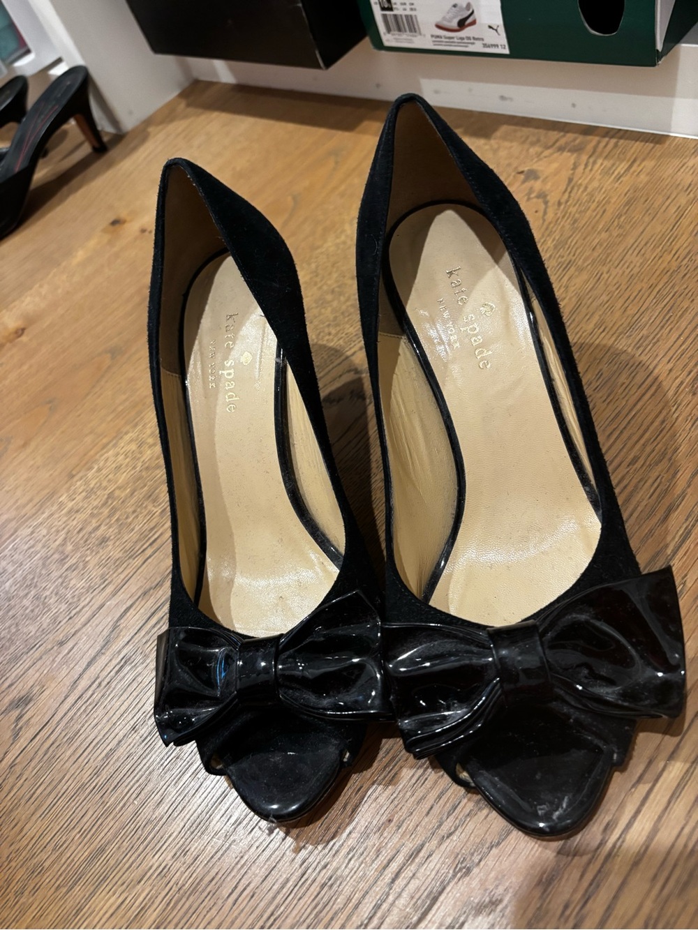 kate spade Black Suede Peep-Toe Pumps with Patent Bow